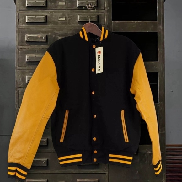 SLEDWISE • Varsity Letterman Coat Bomber Genuine Leather Unisex Baseball Jacket - Picture 14 of 15
